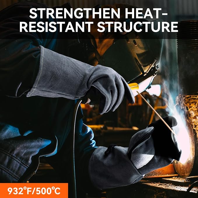 OZERO 16-Inch Welding Gloves: 932°F Heat Resistant Gloves, Black-Gray | 1.2 mm Split Cowhide, Reinforced Palm, Long Cuff, for MIG TIG Stick Forge BBQ Grill Fireplace Fire Pit Wood Stove Oven