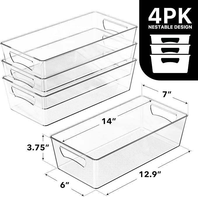 Simple Houseware 4 Pcs Pantry Clear Bin Storage Organizer, 14" x 7" x 3.75"