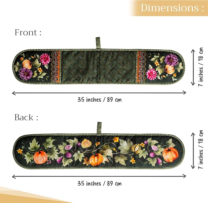 Maison d' Hermine Double Oven Mitts 100% Cotton Double Oven Glove (7"x35") | Heat Resistant BBQ Cooking Gloves with Loop Baking Kitchen Home Farmhouse Thanksgiving Christmas -Pumpkin Garden - Dark Green