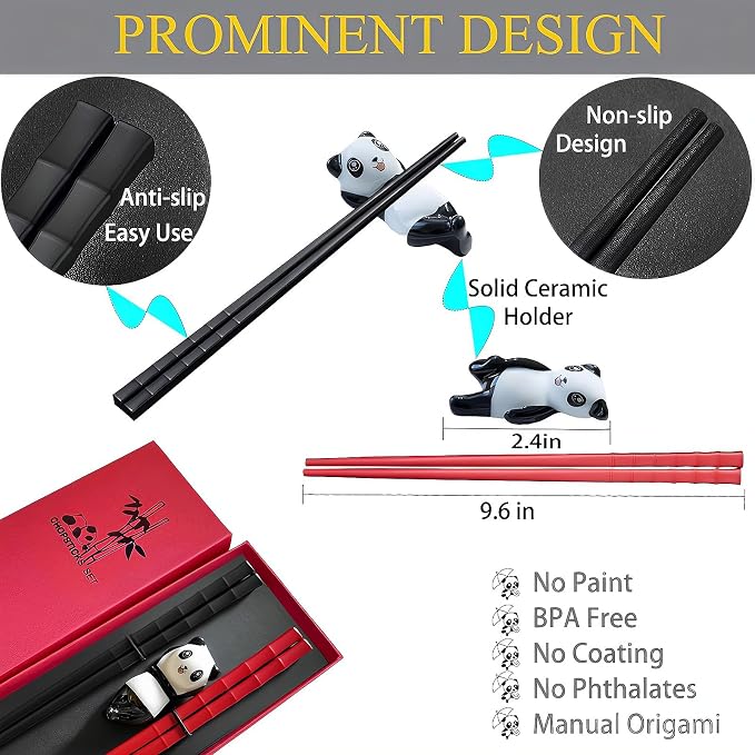 Chopsticks Gift set With Ceramic Rest Reusable Dishwasher Safe,Red Black | Cute Panda Chopsticks Holder, Anniversary Gift for Couple