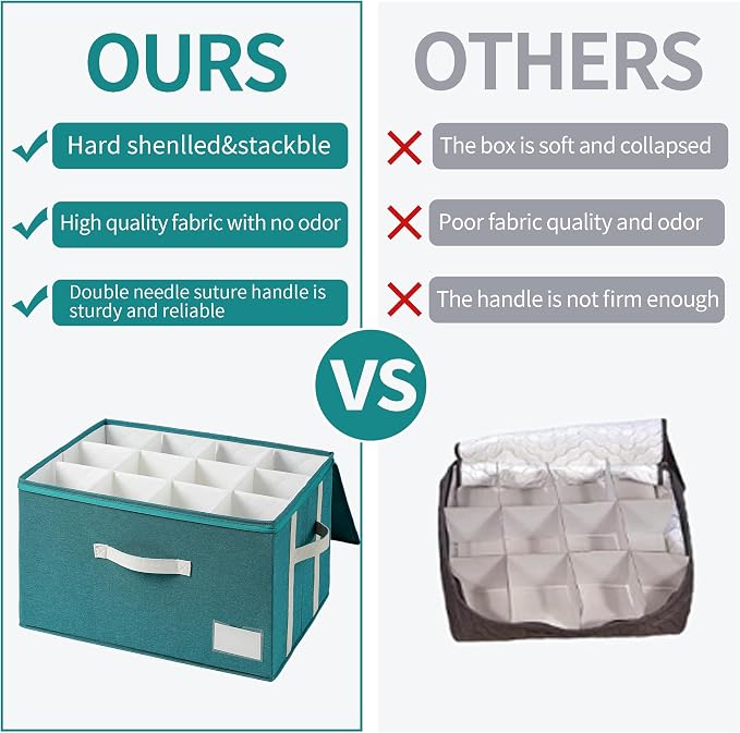 Stemware Storage Cases,Wine Glass Storage Box,with Dividers,Holds 12 Red or White Wine Glasses, Durable Glassware Storage Containers for Crystal or Stemware (Green white, Stemware storage cases)