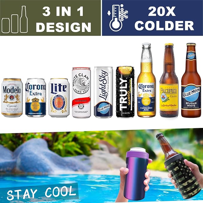 Universal Can Cooler - Signice 3 in 1 Insulated 12 oz Beer Can Insulator Stainless Steel Metal Holder for 12oz Slim Skinny Tall Standard Cans Bottle Hard Seltzer Soda Energy Drinks (Aurora)