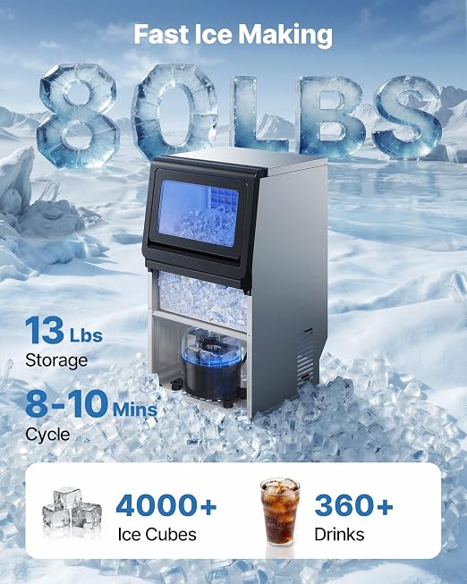 VEVOR Commercial Ice Maker Machine, 80 lbs/24h with 13 lbs Storage Capacity, Countertop/Freestanding/Under Counter, Stainless Steel Ice Maker with LED Display & Self-Cleaning, for Home Bar Restaurant