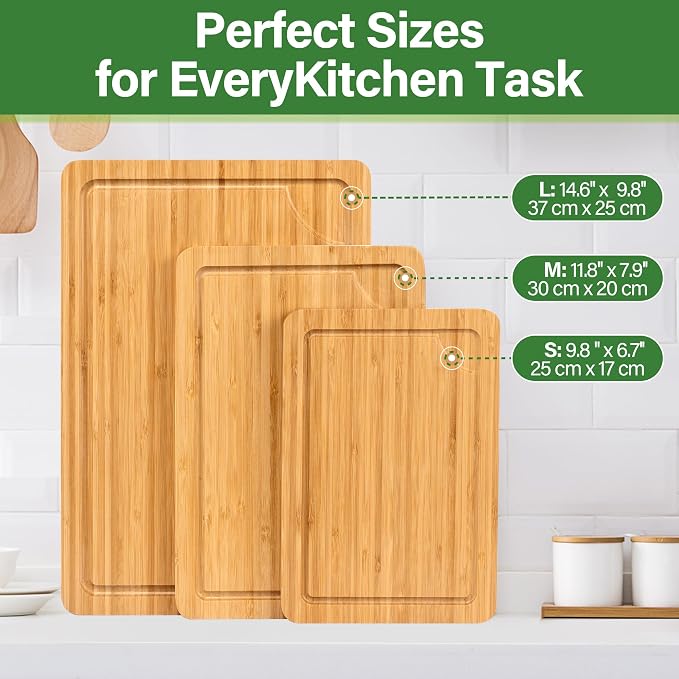 Bamboo Cutting Board Set, 3-Piece Cutting Board with Stand for Kitchen | Different Size, Chopping Board with Juice Groove, Serving Board, Ideal for Meat, Vegetables and Cheese