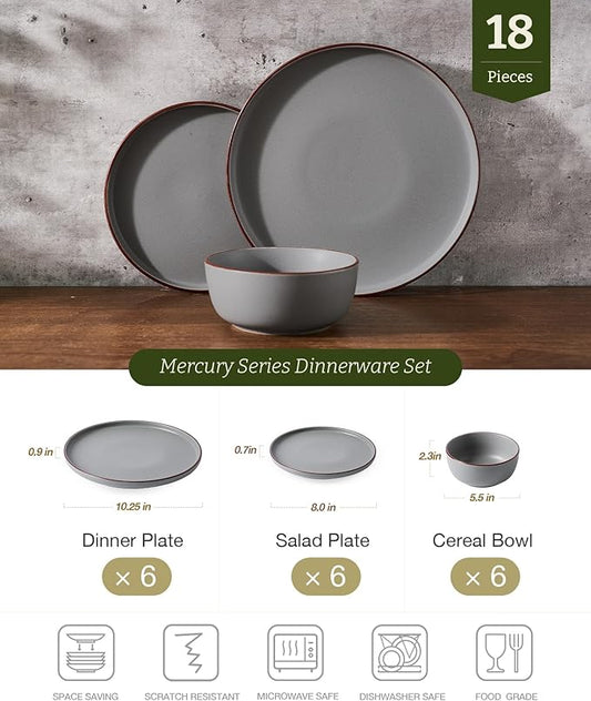 Famiware Mercury Plates and Bowls Sets, 18 Pieces Stoneware Dinnerware Sets, Dishes Set for 6, Microwave and Dishwasher Safe, Dark Grey