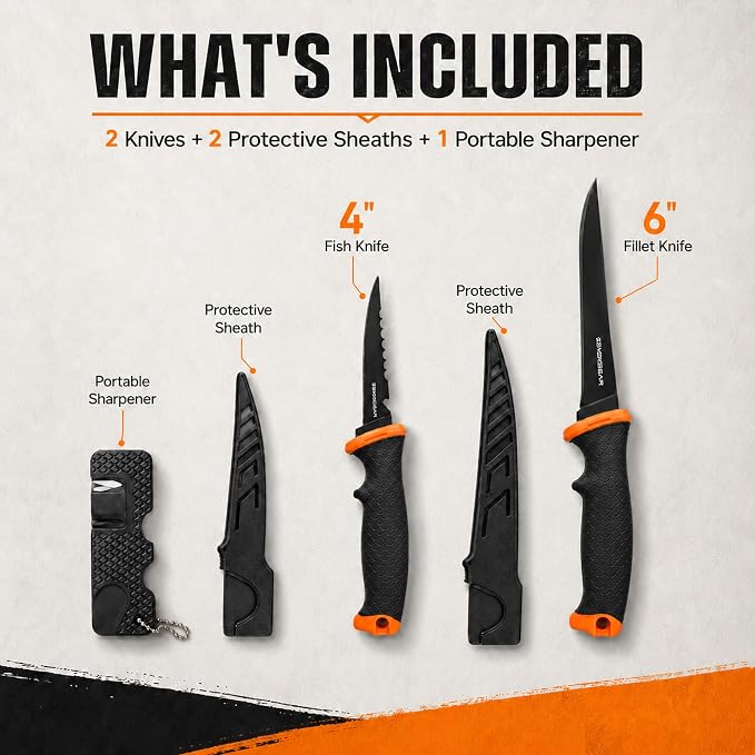 2PCS Fishing Fillet Knife Set – 4” & 6” Bait & Fillet Knives, Sharp Stainless Steel, Non-Slip Handle, Lightweight Portable Fish Knife Set for Fishing & Kitchen