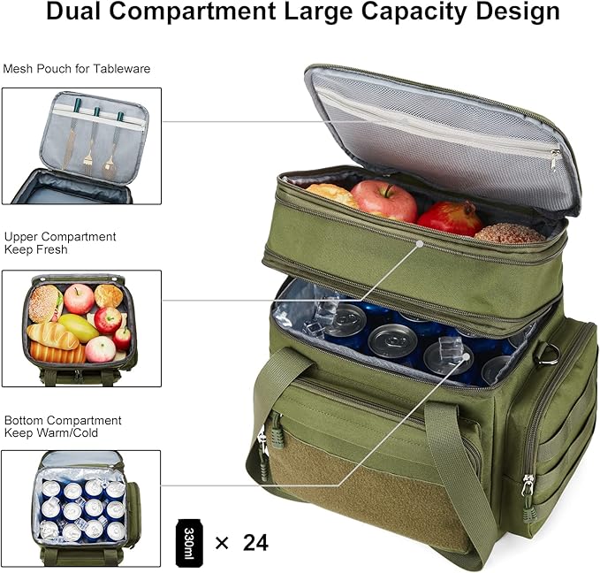 Gafetrey Large Tactical Lunch Box for Men, Insulated Lunch Bag Adult, Thermal Lunchbox Leakproof Waterproof Cooler Bag, Dual Compartment Lunch tote, Large Lunch Pail for Office Camping (Green)24L