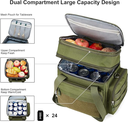Gafetrey Large Tactical Lunch Box for Men, Insulated Lunch Bag Adult, Thermal Lunchbox Leakproof Waterproof Cooler Bag, Dual Compartment Lunch tote, Large Lunch Pail for Office Camping (Green)24L