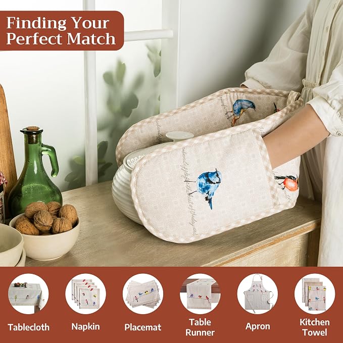 Maison d' Hermine Double Oven Mitts 100% Cotton Double Oven Glove (7"x35") | Heat Resistant BBQ Cooking Gloves with Loop Baking Grilling Kitchen Hotel Home Farmhouse Spring Summer - Birdies on Wire