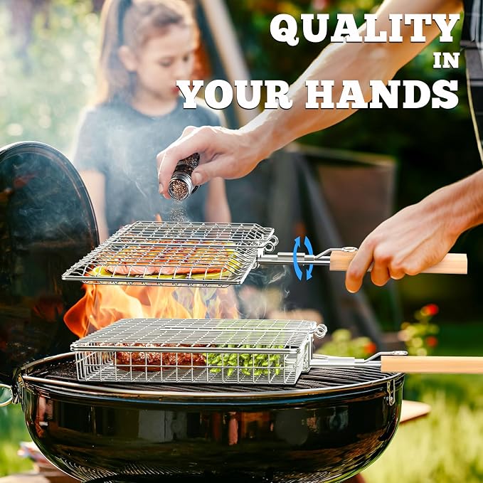 Fish Grill Basket Set, Removable Wooden Handle, Nesting BBQ Tools | 304 Stainless Steel, Smoker Grilling Accessories for Vegetable, Outdoor Cooking Camping, Birthday Gifts for Men Dad Husband