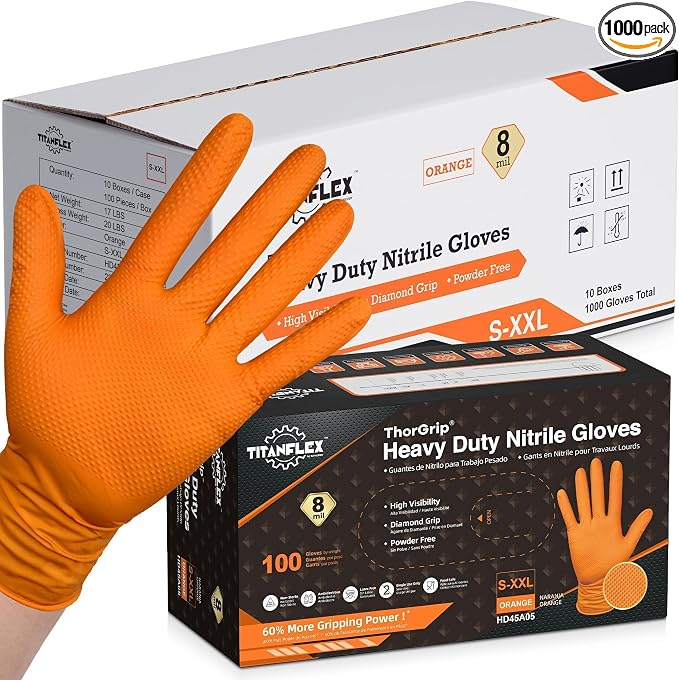 TitanFlex Heavy Duty Industrial Orange Nitrile Gloves, 8-mil, Gloves Disposable Latex Free with Raised Diamond Texture Grip, Powder Free, Rubber Glove, Mechanic Gloves,1000-ct Case (Large)