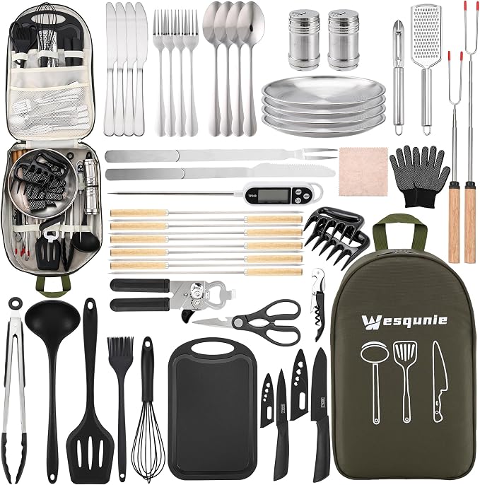 Wesqunie Camping Cooking Utensils Set, Cookware Set for Outdoor Hiking BBQ | Stainless Steel & Silicone Mess Kit, Durable Outdoor Kitchen Gear for Hiking, RV, Picnic Grill & Travel Camping Meal Prep