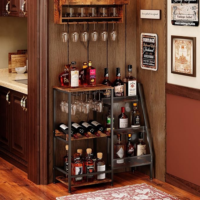 Versatile Liquor Stand for Home Bar, Wine Rack Freestanding Floor, Mini Bar Table for Liquor Whiskey Wine, 3-Tier Trapezoidal Liquor Bottle Display Shelf with Glass Holder and Fences(Patent Pending) | 3-Tier Display, 3 Glass Holder Rows, 4-Bottle Rack:...
