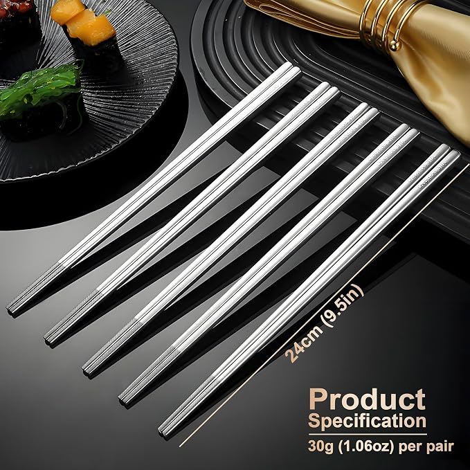 5 Pairs Metal Chopsticks Reusable 316 Stainless Steel Chopsticks Cute Laser Engraved Non-slip Japanese Korean Chinese Chopstick for Cooking Eating Dishwasher Safe 9.5" Chop Sticks Gift Set