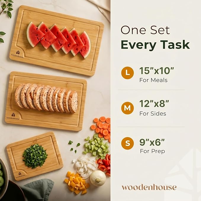 Bamboo Cutting Boards for Kitchen Set of 3, Deep Juice Grooves & Handles | Thick and durable in three sizes, 15" 12" 9"; large surface, easy to wash; great for meat, veggies and fruit