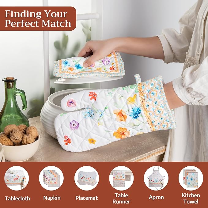 Maison d' Hermine 100% Cotton Oven Mitt & Pot Holder Set (7.5"x13" & 8"x8") | Heat Resistant BBQ Cooking Gloves with Loop Baking Grilling Kitchen Hotel Home Farmhouse Spring Summer - Summer Whisper