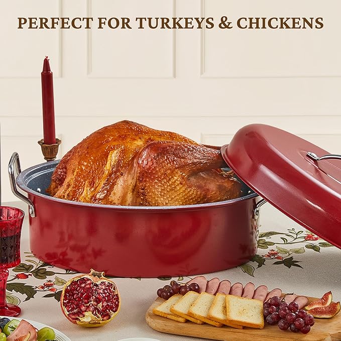 BRONYPRO Roasting Pan with Rack, 18-Inch Granite Roaster with Lid, 20 lb Capacity for Turkey, Chicken, and Vegetables, Red