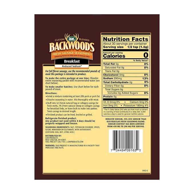 LEM Products Backwoods Reduced Sodium Breakfast Sausage Seasoning, 1.6 oz | Pre-Measured Seasoning for Wild Game and Domestic Meat, Seasons Up to 5 Pounds of Meat for Homemade Patties and Sausages