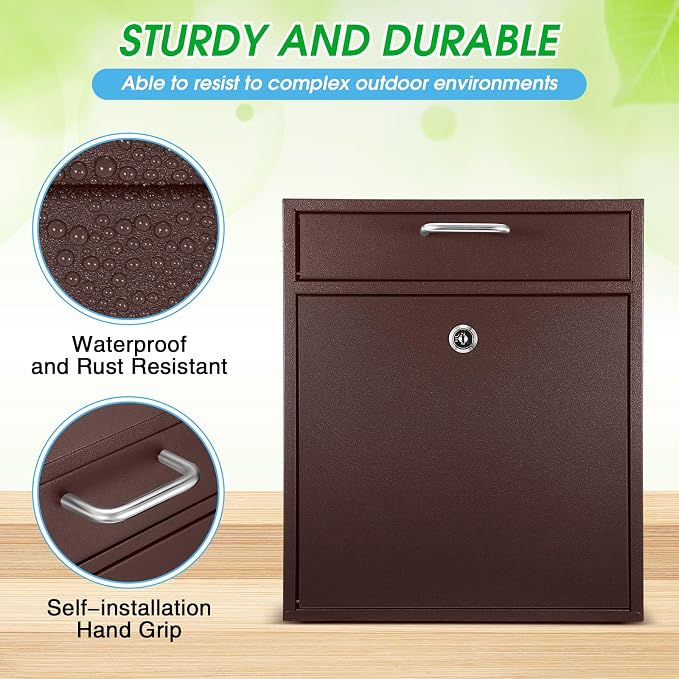 Yaocom Locking Mailbox with Key for Outdoor 12 x 10.5 x 4.7 Inches Large Wall Mount Mail Box with Lock Security Mail Drop Metal Collection Boxes Hanging Secure Postbox(Brown)