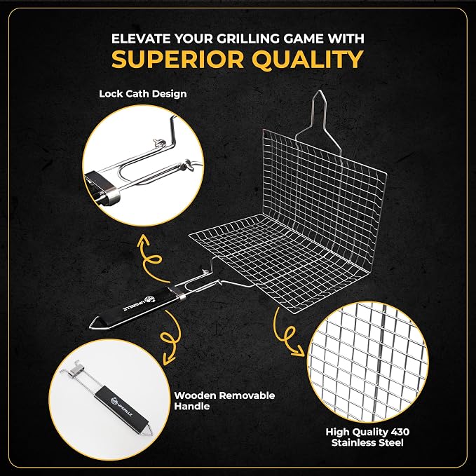 2 Set Fish Grill Baskets for Outdoor Grill Vegetables, Fish Grilling rack for Grill, BBQ Grilling Basket, Stainless steel Grill Basket for Veggies, shrimp Includes 50 skewers, Silicon Brush, and Carry Bag