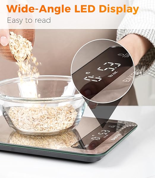 Waterproof Kitchen Food Scale, 1g/22lb, IP67, Rechargeable, Grey | Premium Stainless Steel & Tempered Glass, Clear LED Display, with 6 Units, Tare, Ideal for Cooking, Making Sourdough Bread