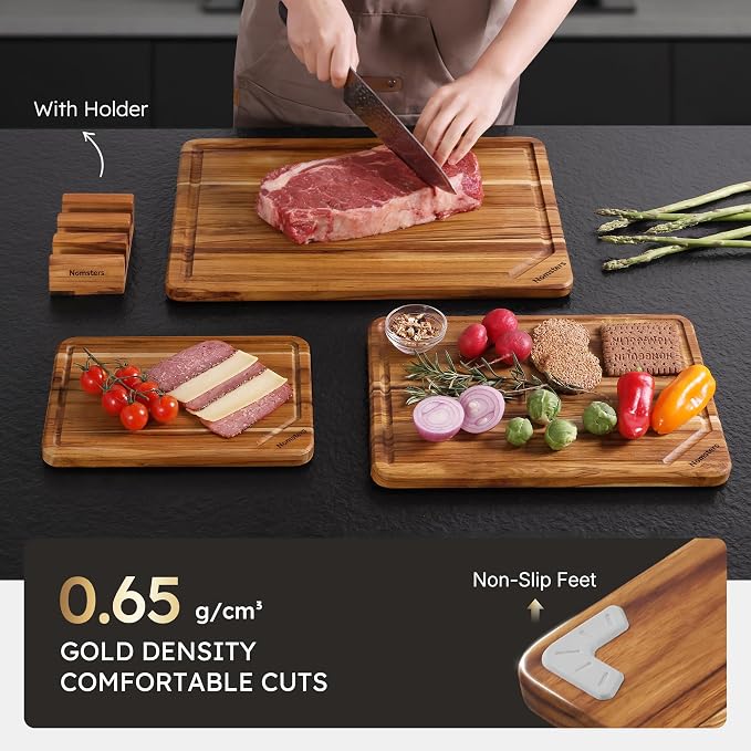 3 Pack Teak Wood Cutting Boards for Kitchen Wood Charcuterie Board Non Slip | Heavy Duty, with Holder, Non Toxic, Serving, Hardwood, Over Sink, Thick Wooden Chopping Board, Best Essential Gift, Fruit