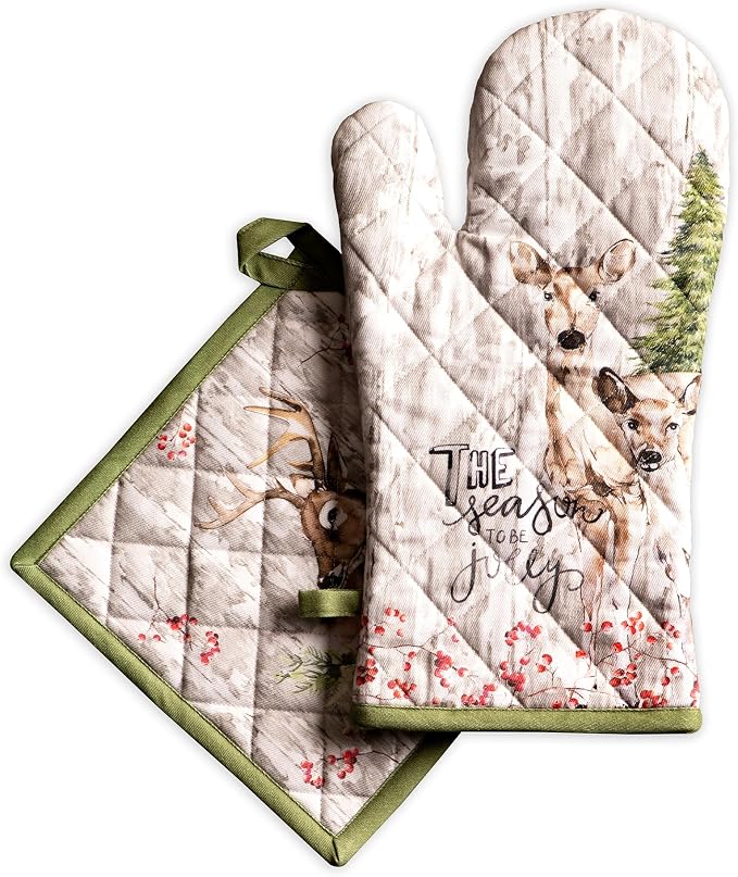 Maison d' Hermine 100% Cotton Oven Mitt & Pot Holder Set (7.5"x13" & 8"x8") | Heat Resistant BBQ Cooking Gloves with Loop Baking Grilling Kitchen Home Farmhouse Thanksgiving Christmas - Mountain Life