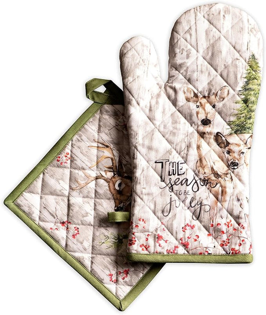 Maison d' Hermine 100% Cotton Oven Mitt & Pot Holder Set (7.5"x13" & 8"x8") | Heat Resistant BBQ Cooking Gloves with Loop Baking Grilling Kitchen Home Farmhouse Thanksgiving Christmas - Mountain Life