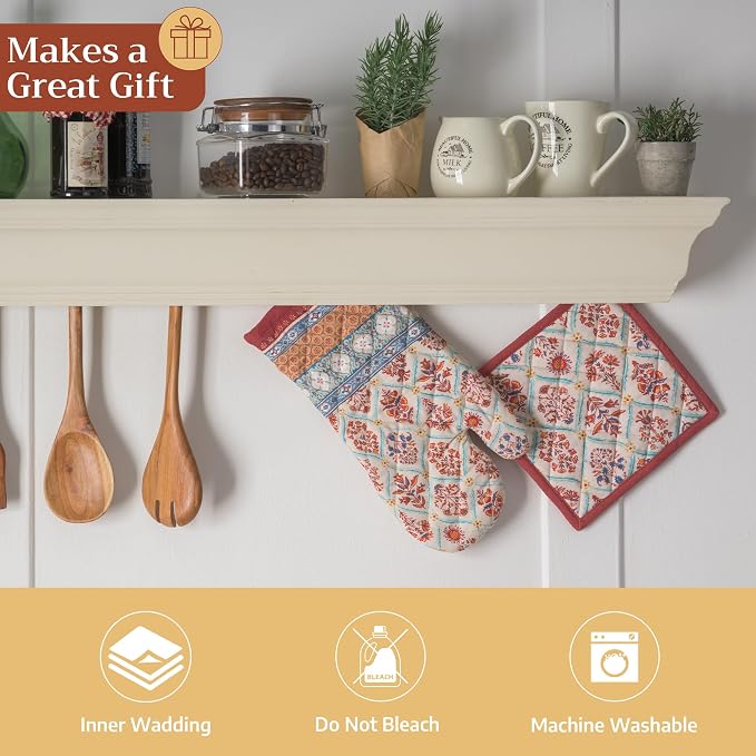 Maison d' Hermine 100% Cotton Oven Mitt & Pot Holder Set (7.5"x13" & 8"x8") | Heat Resistant BBQ Cooking Gloves with Loop Baking Grilling Kitchen Hotel Home Farmhouse Thanksgiving Christmas - Romane