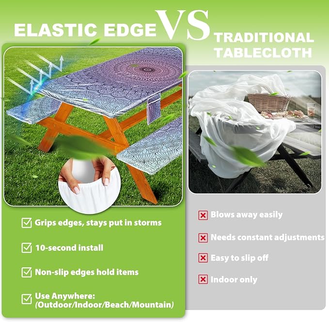 Wrakus Picnic Table Cover with Bench Covers Vinyl Elastic Edges Fitted Rectangle Seat Tables Waterproof 3-Piece96X30in Set Outdoor Rectangular Folding Backing Tablecloth for Camping Over Size