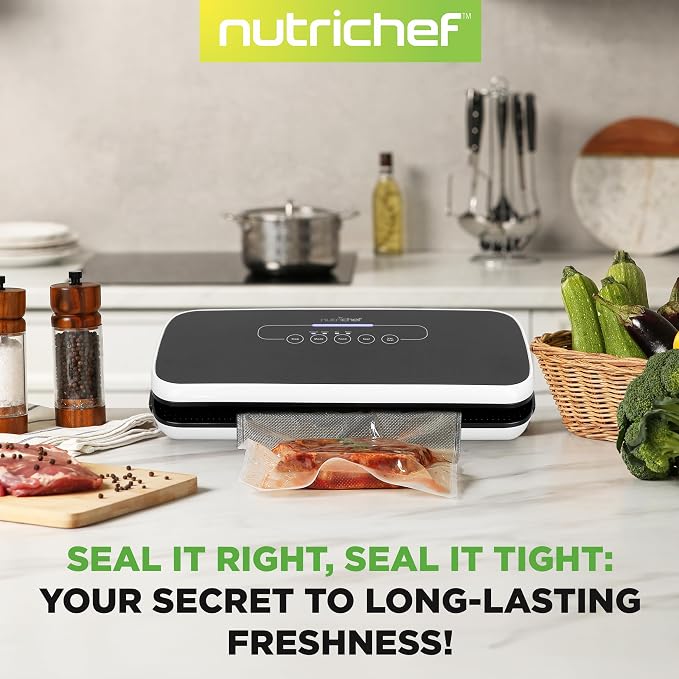 NutriChef Vacuum Sealer Machine for Food – Automatic Food Sealer with Dry & Moist Modes, LED Controls, Starter Kit with Bags, Roll, Hose & Wine Stopper, Compact (Black)