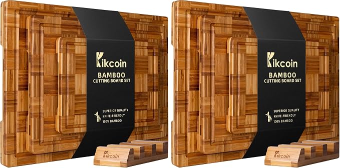 Kikcoin Extra Large Bamboo Cutting Boards, (Set of 3) Chopping Boards with Juice Groove Bamboo Wood Cutting Board Set Butcher Block for Kitchen, End Grain Serving Tray (Pack of 2)