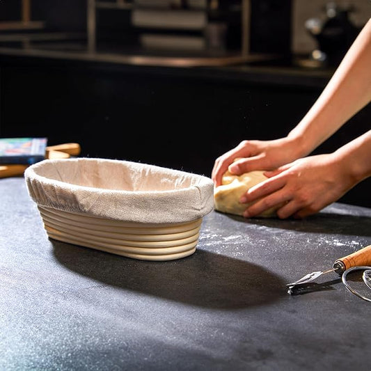 Sourdough Baking Supplies Set of 5, Oval 10 Inch Banneton Bread Proofing Basket with Bread Lame, Danish Dough Whisk with Stainless Steel, Dough Scraper Kit, Bowl Scraper – Baking Gift Kit