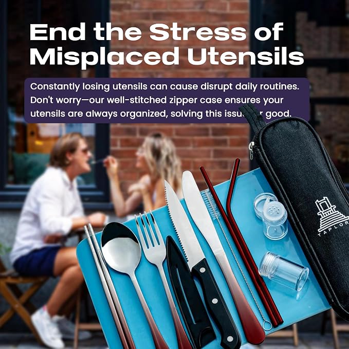 Taplord Portable Travel Silverware Set With Case - Includes 10 Pcs of Utensils, Stainless Steel Flatware For Camping, Easy to Travel, Lightweight (Red Two Tune)