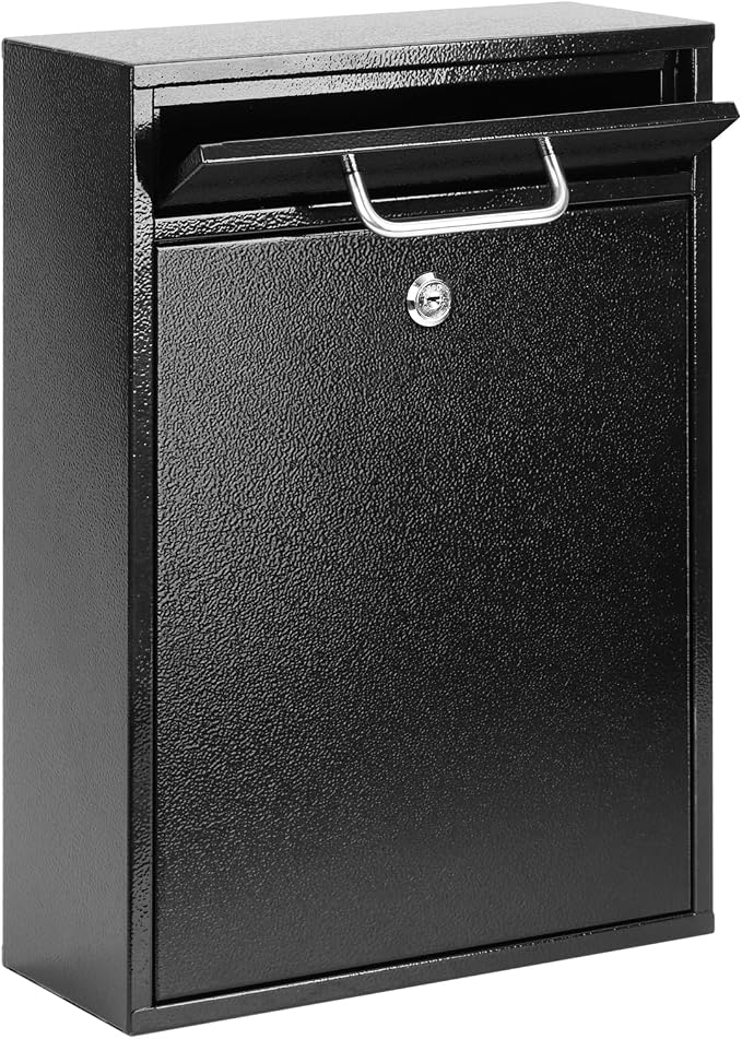 KYODOLED Steel Key Lock Mail Boxes Outdoor, Locking Wall Mount Mailbox, Security Lock Drop Box, Collection Boxes for Home, Office or Commercial,16.2H x 11.2L x 4.6W Inches, Black X Large