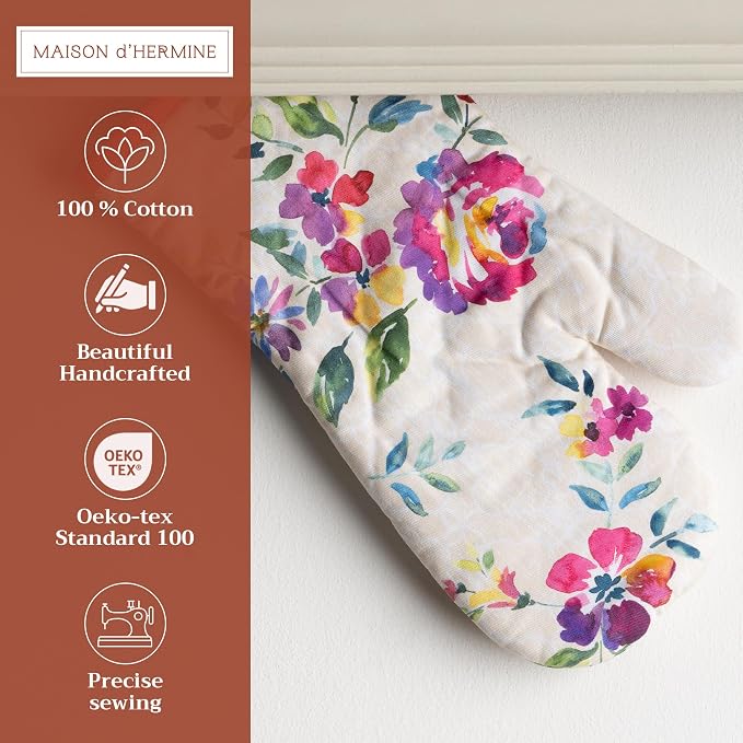 Maison d'Hermine Oven Gloves 100% Cotton Oven Mitt (7" x 13", Pack of 1) | With Loop Heat Resistant BBQ Cooking Gloves Baking Grilling Kitchen Handling Hot Pans Spring Summer - Rose Garden