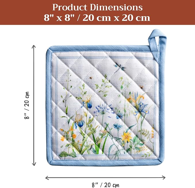 Maison d' Hermine Pot Holders 100% Cotton Potholders (8" x 8", Pack of 1) | Heat Resistant Hot Pads with Loop BBQ Cooking Baking Farmhouse Kitchen Handling Hot Pans Spring Summer - Fleurs De Mai