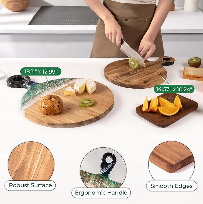 Acacia Wood Serving Board with Ocean Resin Art, 14.6" x 10.2" Charcuterie Cheese Tray for Display & Prep, Cutting Board on Back, Includes Stand & Loofah, Christmas Housewarming Gift (Round)