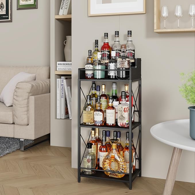 KLM Liquor Bottle Display Shelf, Liquor Cabinet bar for Home, 4 Step Liquor cabinetck, Mini bar,Liquor Cabinet, Home Retro Bar Shelf Stand for Liquor Whiskey, Spirits.(Black