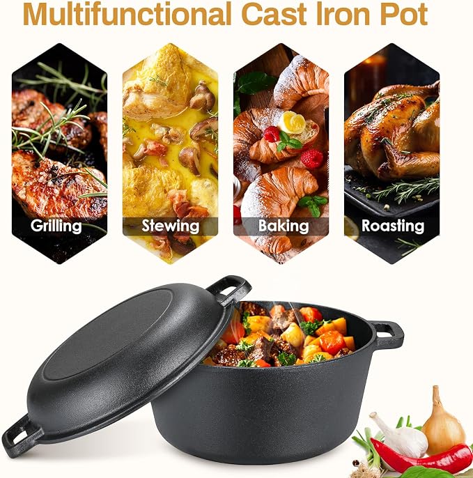 TLGREEN Cast Iron Dutch Oven 6.7QT Pot 2.5QT Skillet Lid Silicone Holders | Cast Iron Skillets, Heat Resistant Stand Included, Fits All Heat Sources for Outdoor Camping, Safe for Long High Temp Cooking