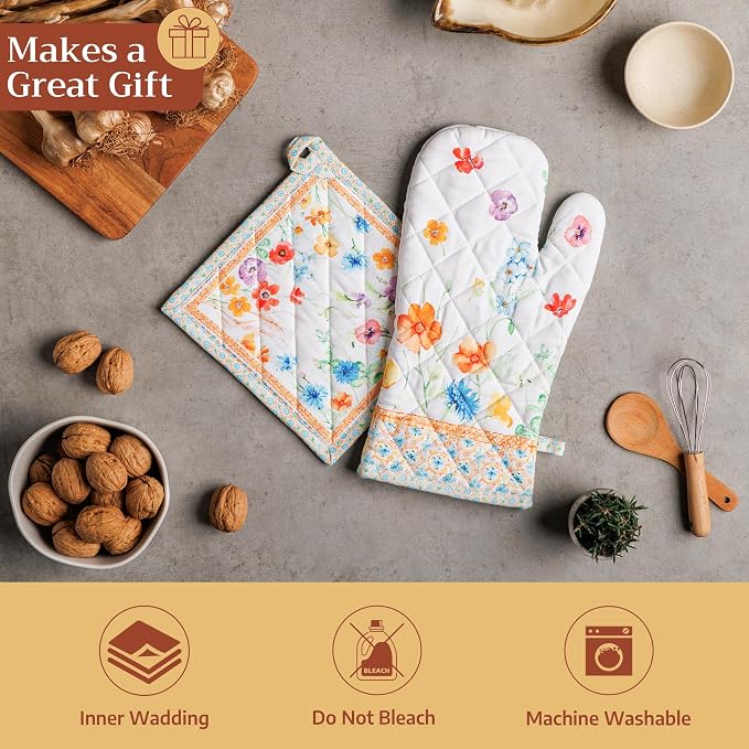 Maison d' Hermine Pot Holders 100% Cotton Potholders (8" x 8", Pack of 1) | Heat Resistant Hot Pads with Loop BBQ Cooking Baking Farmhouse Kitchen Handling Hot Pans Spring Summer - Summer Whisper