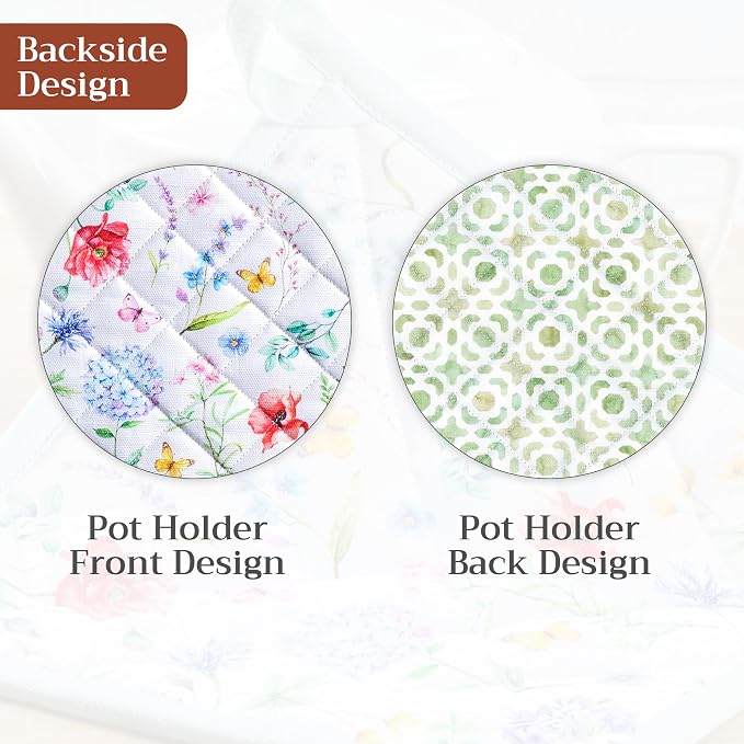 Maison d' Hermine Pot Holders 100% Cotton Potholders (8" x 8", Pack of 1) | Heat Resistant Hot Pads with Loop BBQ Cooking Baking Farmhouse Kitchen Handling Hot Pans Spring Summer - Just Floral