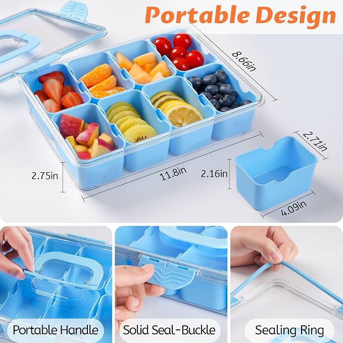 Snackle Box Container Dishwasher Safe Divided Serving Tray with Lid Handle | Charcuterie Board for Portable Snack Platters, Organizer for Fruits Snacks, Perfect for Road Travel - Light Blue