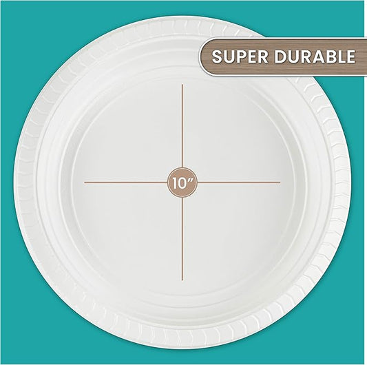 PLASTICPRO Round Plastic Plates Microwaveable, Disposable, White, Dinnerware (200, 10" Inch Plates)
