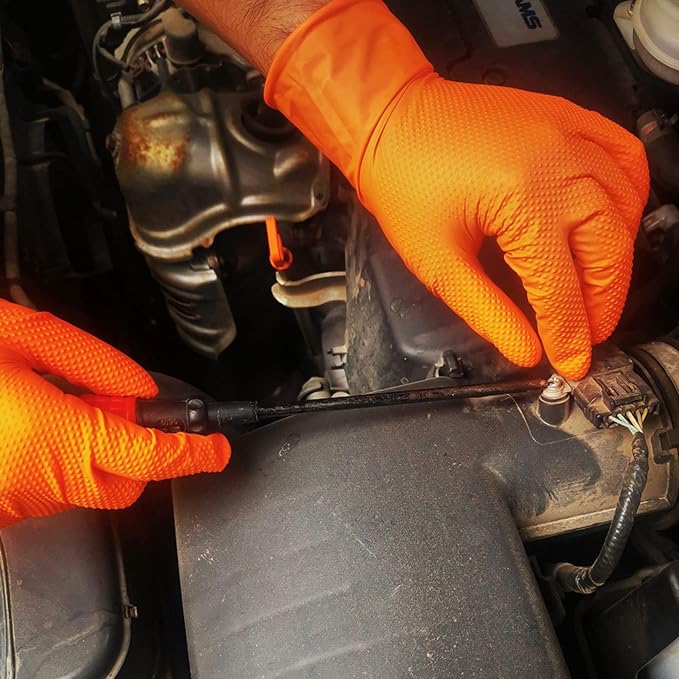 TitanFlex Heavy Duty Industrial Orange Nitrile Gloves, 8-mil, Gloves Disposable Latex Free with Raised Diamond Texture Grip, Powder Free, Rubber Glove, Mechanic Gloves,50-ct Box (XXL)