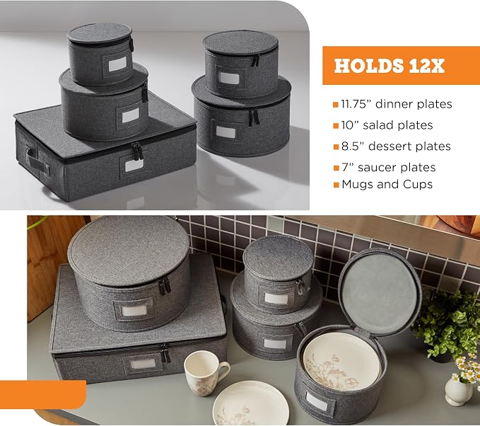 storageLAB 5-Piece Premium China Storage Set | Plates & Mugs | Gray | Full china set for 12 - 4 plate cases + mug case, flip-top lid. Hard shell, felt dividers, stackable, easy access.