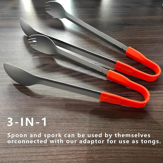 3 in1 Titanium Ultralight Cutlery Set, Long Handle Spoon and Spork, Camping tong, Travel Utensils with Bag (22CM)