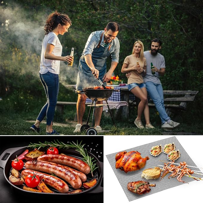 GWHOLE Non-Stick BBQ Grill Mesh Mat Set of 4, Reusable BBQ Grill Accessories Grilling Mesh Sheet for Outdoor Grill Cooking Baking Barbecue, 15.7" x13"