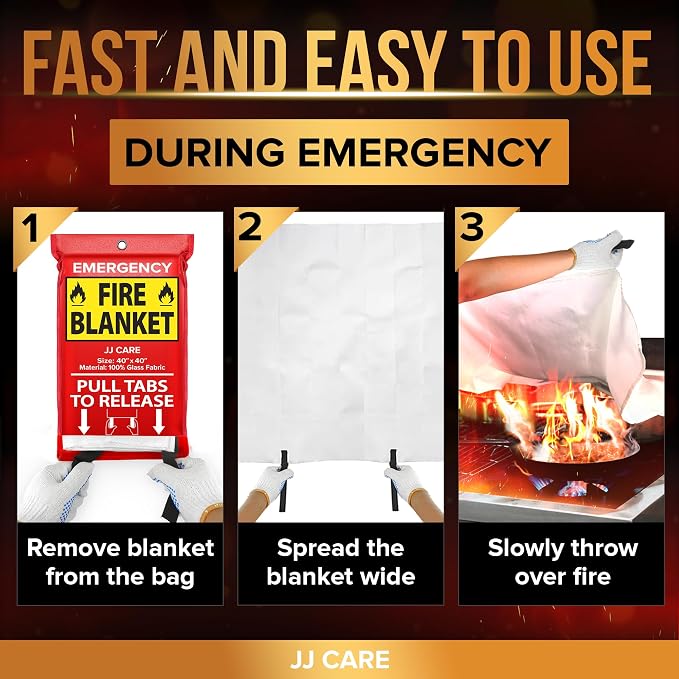 JJ CARE Fire Blanket – 3 Packs with Hooks – 40” x 40” Fire Blankets Emergency for Home and Kitchen, High Heat Resistant and Flame Protection for Kitchen, Car, Office, Camping & Home Safety