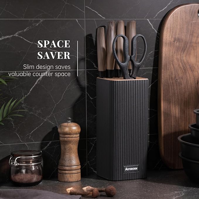 Astercook Knife Set, 6-Piece Kitchen Knife Set with Block, High Carbon Stainless Steel Ultra Sharp Kitchen Knives, Wood Grain Handle, Dishwasher Safe Knife Block Set, Black, Kitchen Utility Knives